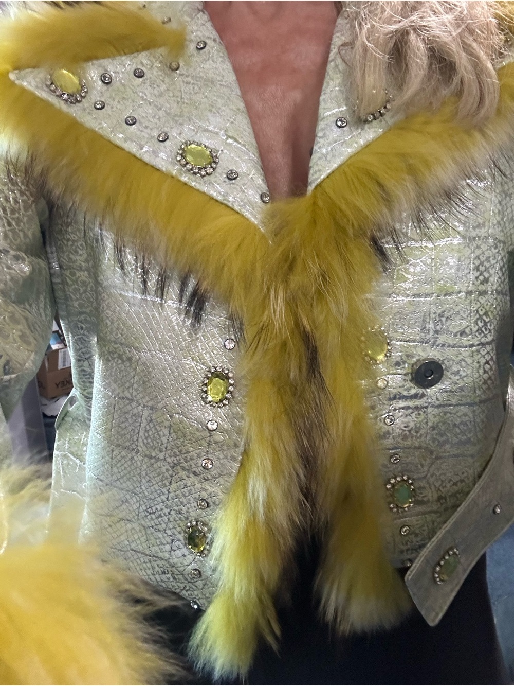 Saga Furs Metallic lime/yellow Jacket with Yellow /black fur Trim Real Leather